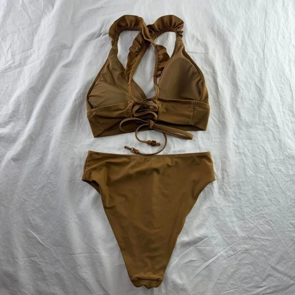 Aerie Ruffle Tie Longline Triangle Bikini Top & High Cut Cheek Bottoms Size M - Picture 2 of 7